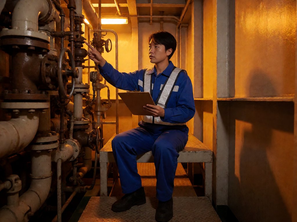 机舱应急照明下，船员手持检查表逐项核对