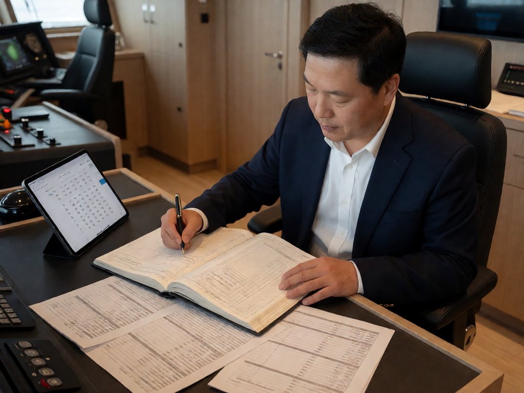 驾驶台上铺开的航海日志与配载计算表,一只手在关键数字上打勾复核,旁边平板显示AI生成的草稿